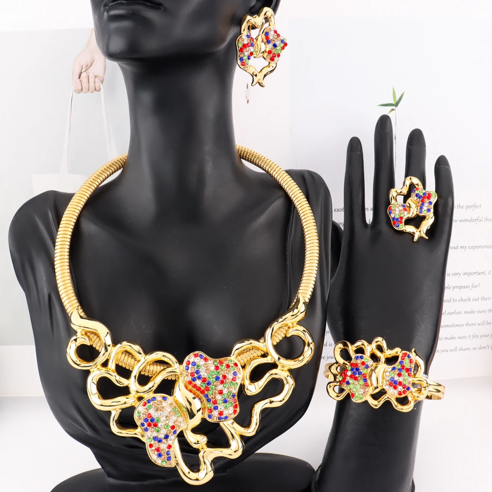 

Colorful Zircon Jewelry Sets Exquisite Round Necklace Fashion Women Earrings Artificial Stone Cuff Bangles Ring Jewellery Gifts