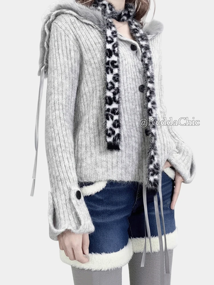 REDDACHiC Sailor Collar Cardigan Sweater Denim Shorts Fall Winter Furry Button Up Cropped Knit Jumper Women Grunge Acubi Fashion