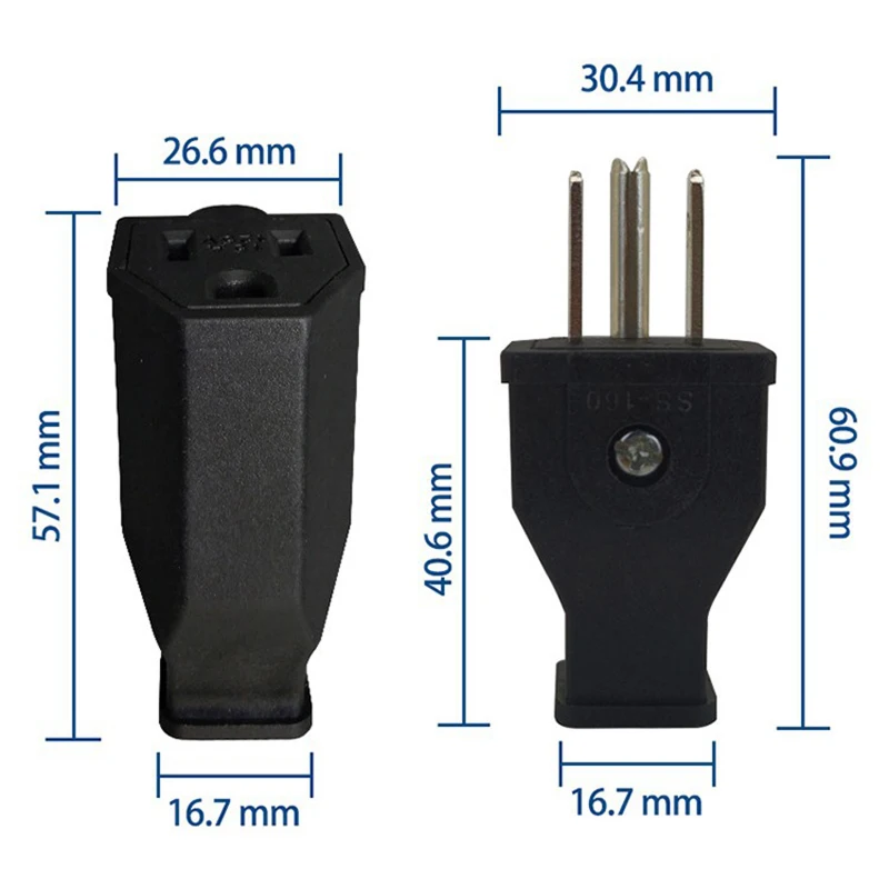 黒銅製アメリカンタイプオス・メス3ピン電源プラグAC125V 15A米国電源コード着脱式配線プラグソケット