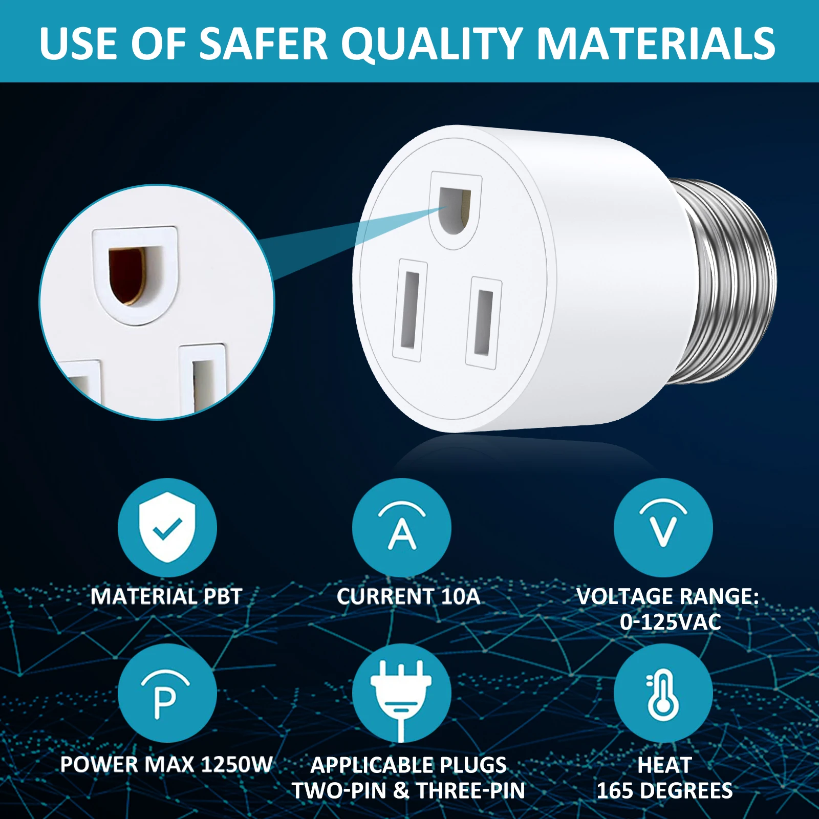 4Pcs E26/E27  2/3Prong Light Socket Outlet Adapter US Standard Plug  Light Socket to Plug Adapter Bulb Base Adapter 1250W