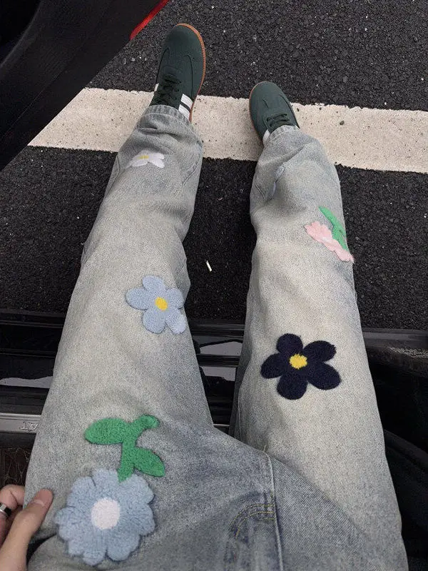 

Blue Floral Towel Embroidery Men's Jeans Unique Design Straight Leg Cotton Polyester Blend Wear Resistant Stone Washed