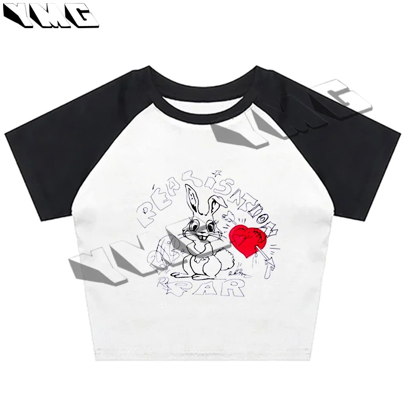 Cute rabbit cartoon print short-sleeved T-shirt streetwear summer new slim y2k cotton crop top Harajuku kawaii women T-shirt EMO