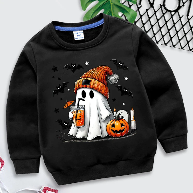 Children's Halloween Ghost Pumpkin Bat Sweatshirt, Pulôveres com o pescoço, Outono, Inverno, Crianças, Rapaz, Meninas