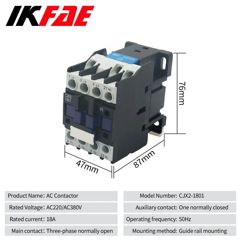 CJX2-1801 AC Contactor  24V 36V 110V 220V 380V 18A NC 3-Phase DIN Rail Mount Electric Power Contactor