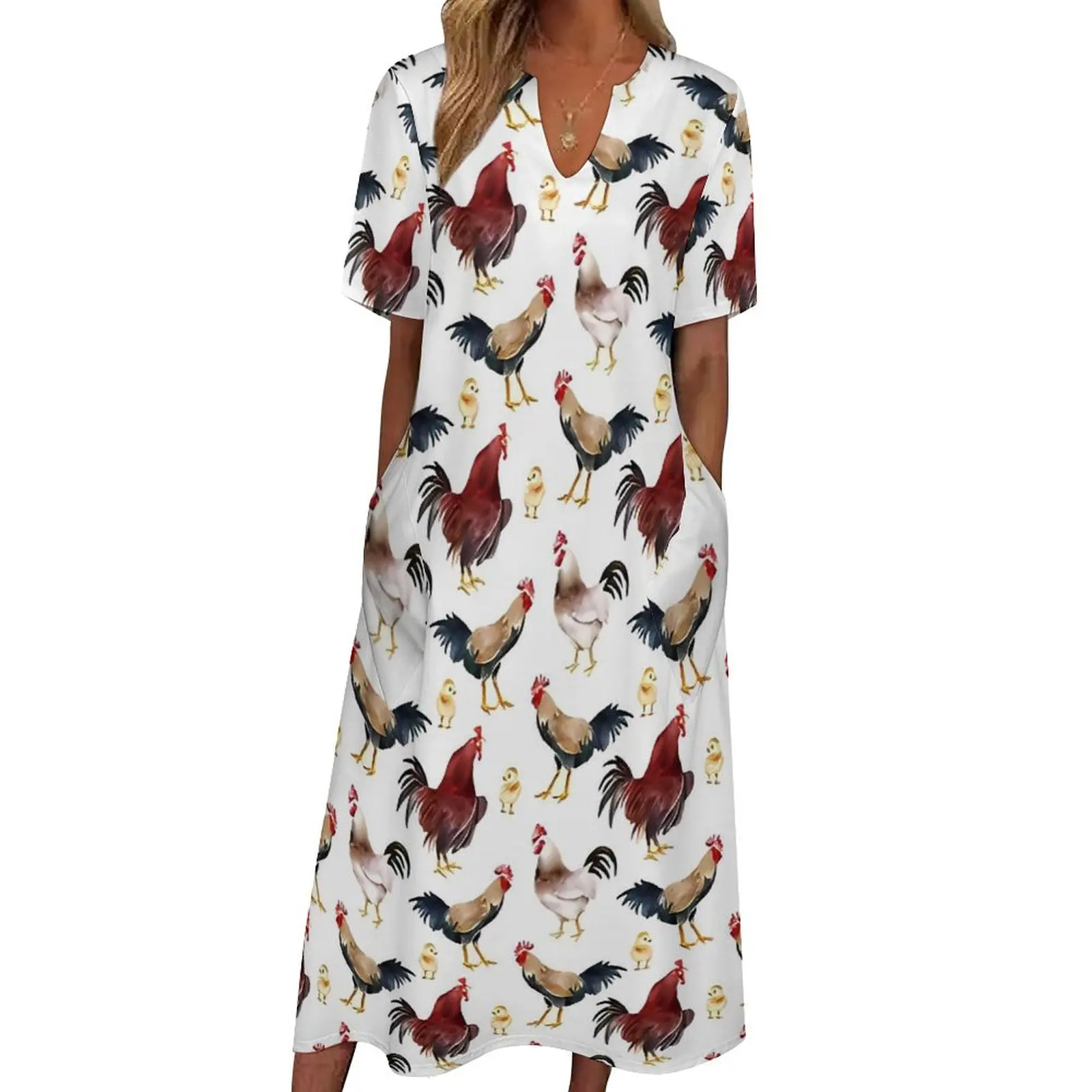 Rustic Chickens Dress Animal Print Party Maxi Dress Street Wear Bohemia Long Dresses Women V Neck Graphic Oversized Vestido