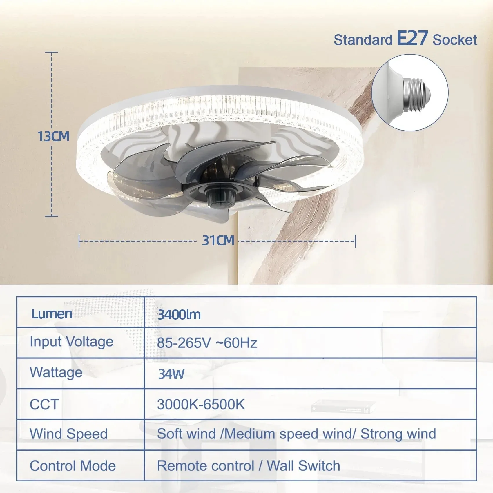 I ventilatori da soffitto con telecomando intelligente illuminano il nuovo ventilatore da soffitto dimmerabile a LED con lampada ventilatore a