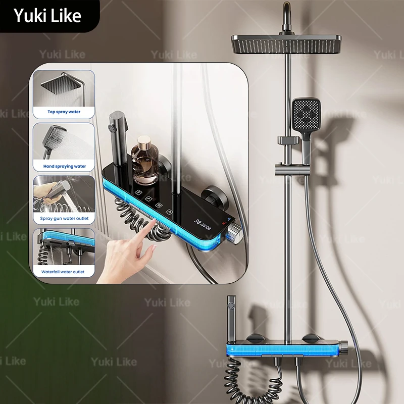 

Пистолет Серый Ванная комната Душевой набор с цифровым дисплеем Многофункциональные эффекты окружающего освещения Набор душевой системы под давлением для отеля