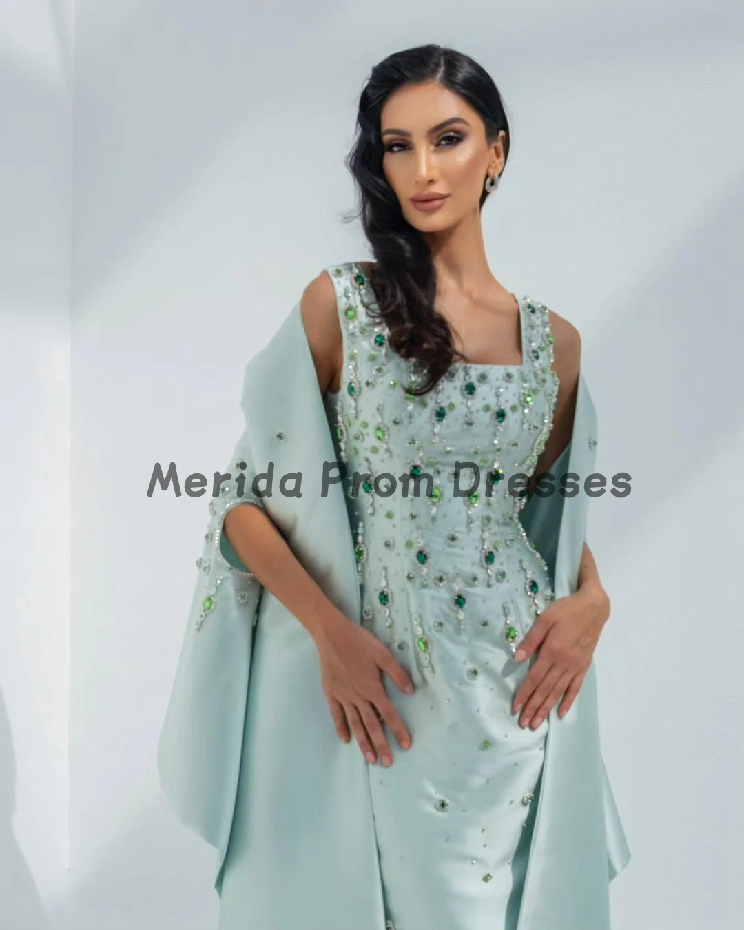 Vestidos de graduación con cuentas de cristal verde, chaqueta de 2 piezas, espalda dividida, Arabia, vestido de noche de lujo, vestidos de fiesta de boda formales