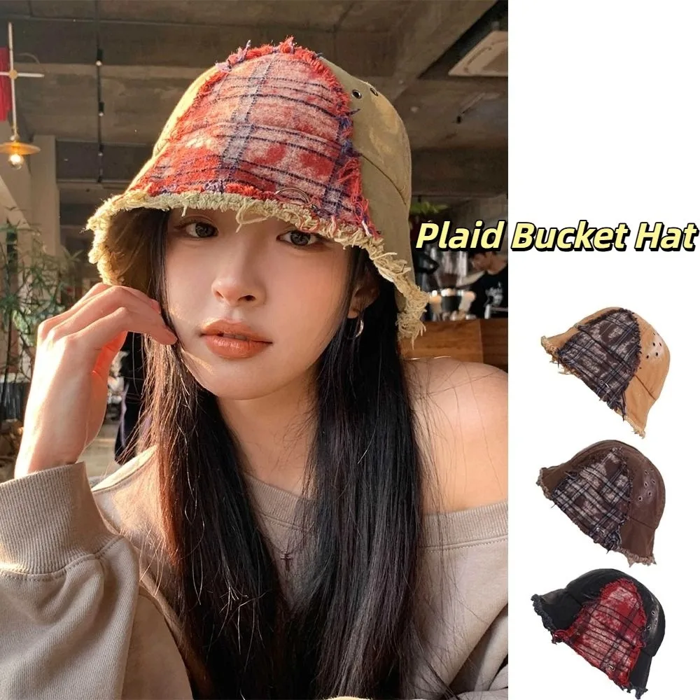 

Fashion Japanese Plaid Bucket Hat Patched Splicing Retro Fisherman Hat Beggar Style Bule Sun Protection Basin Cap Unisex