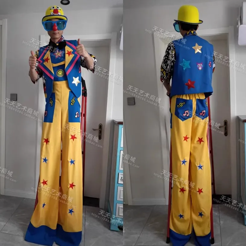 Andador de stilt azul y amarillo, pantalón largo de payaso, disfraz de fiesta, traje de festival de anime, ropa de celebración