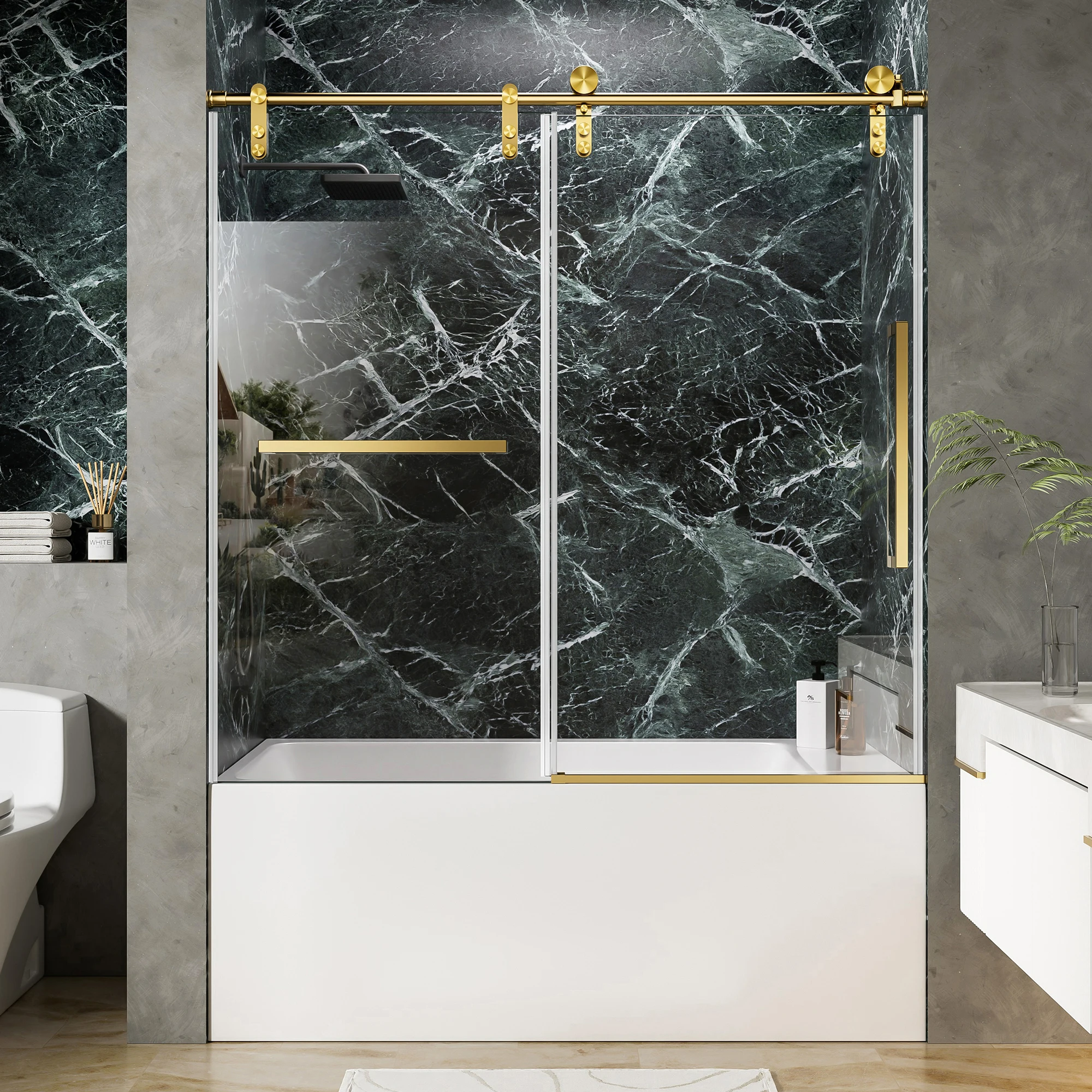 

Adjustable 56~60"W×60"H Frameless Tub Shower Enclosure, 4-Inch Flexible Cuttable Top Rail, Reversible Installation, 8mm ANSI Tempered Glass with Nano Coating