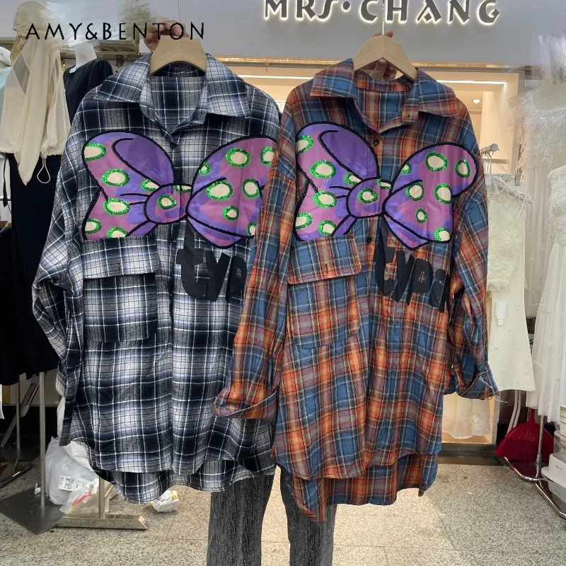 

Trendy Brand Spring New Popular Heavy Industry Plaid Cartoon Loose Slimming Look Medium Long Long Sleeves Shirt Cardigan Outwear