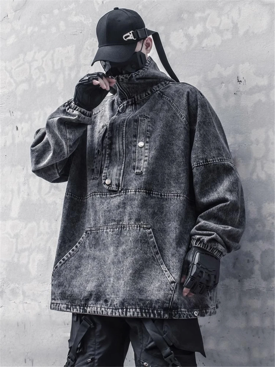 Techwear Denim Hoodie Men Streetwear Hip Hop Half Zipper Hooded Sweatshirts Oversized Harajuku Function Casual Hoodies Coats
