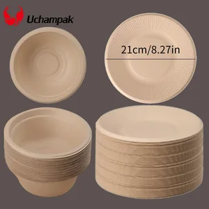 20/40pcs使い捨て紙ボウル天然サトウキビ紙スープボウルデザートフルーツサラダフードコンテナパーティーディナープレートセット 8ベストセールススープボウルセット-7
