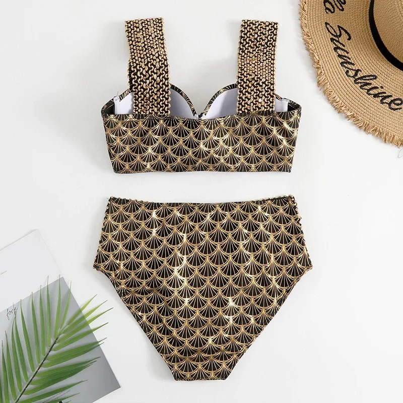 セクシーなゴールドエンボス加工ハイウエストビキニセット レディース水着 シーズン新作 ツーピース水着 トレンドビーチファッション