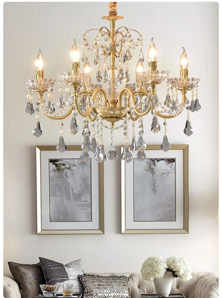 European Crystal E14 Chandelier French Gold Candle Pendant