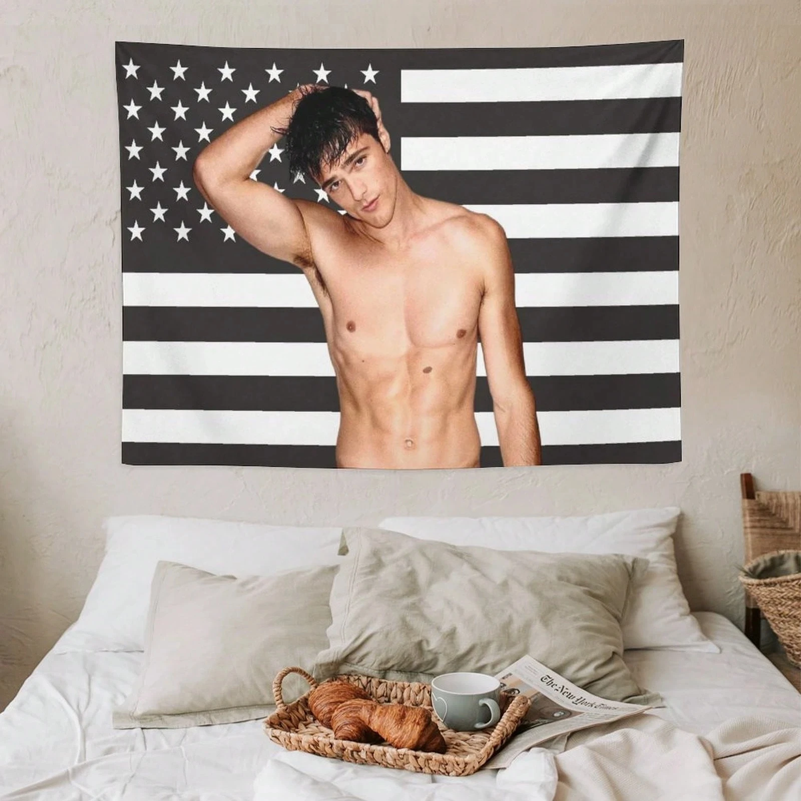 1pc Jacob Elordi American Flag Tapestry, Celebrity Fan Wall Hanging, Cool Room Stuff, Large Size, Polyester 2D Print, Bedroom St
