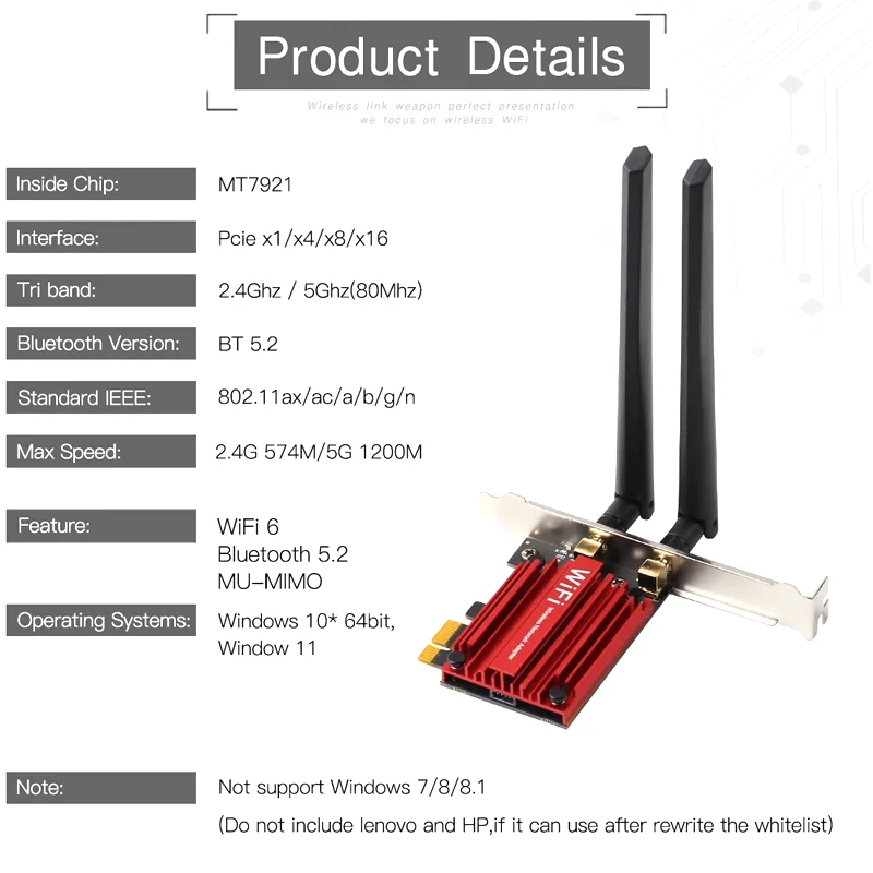 1800Mbps Wifi 6 MT7921 PCI Express Wireless Adapter Bluetooth 5.2 Dual Band 802.11AX/AC Wi-fi Network Card Windows 10 11