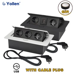 With EU Cable Plug EUR Standard Table Socket 2/3 Outlet 2USB-A/C Aluminum Panel Office Kitchen Cabinet Desktop Metal Cover White