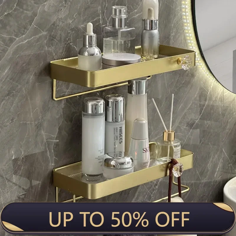 Gold Storage Rack Without Punching Bathroom Sink Washbasin Wall Mounted Cosmetic Storage Rack Shelves
