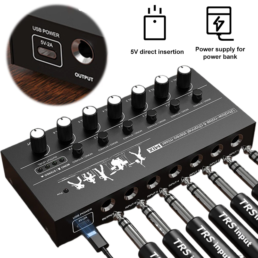 6-Channel Audio Mixer DC 5V Ultra Low Noise Line Mixer Easy Operation Stereo Mixer For Guitars Bass Keyboards And Stage Mixing