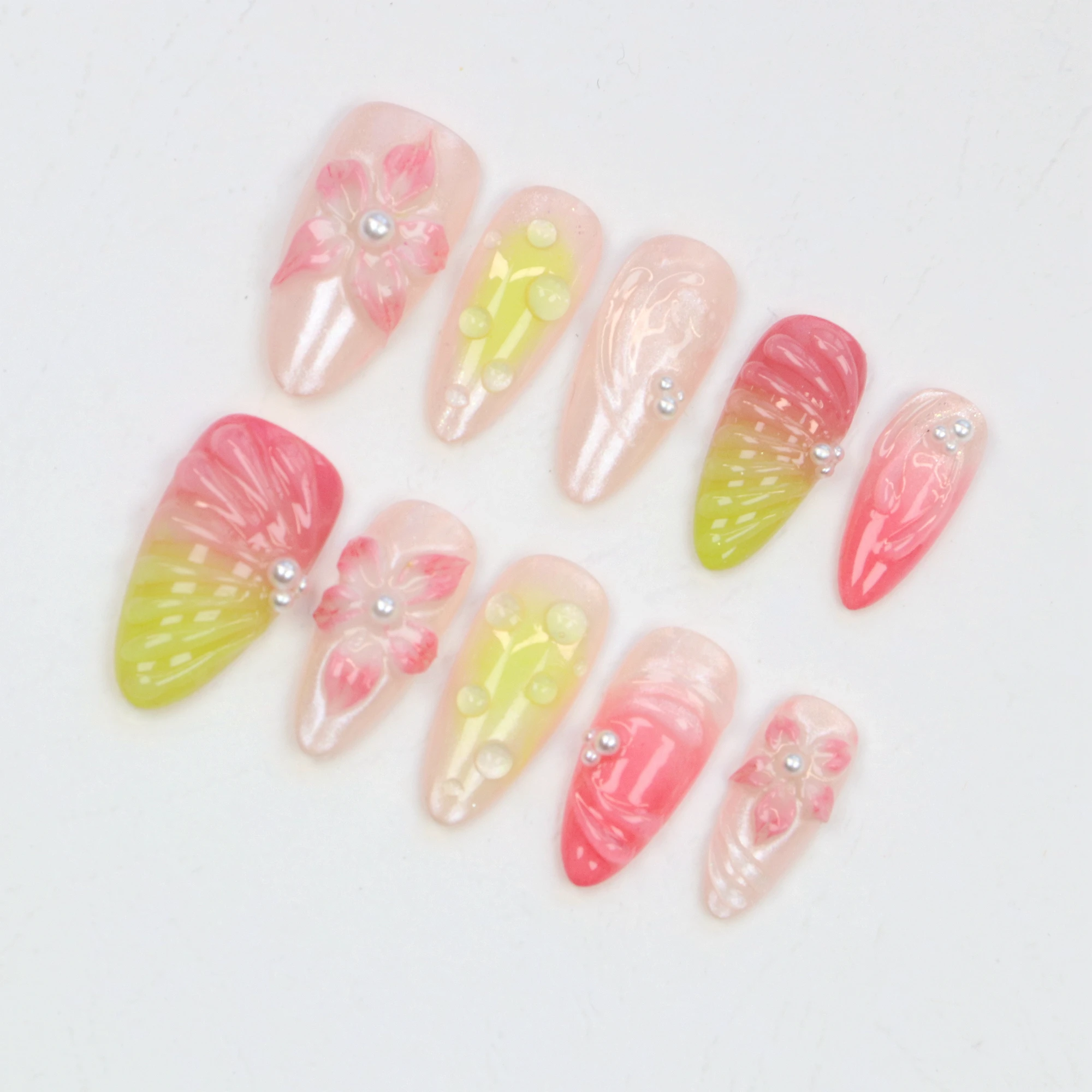 10pcs Custom Design 3D Press Flowers Handpainted nails,Dreamy FreeStyle Y2K Gel Fake Nails for Birthday Vacation Holiday Cute
