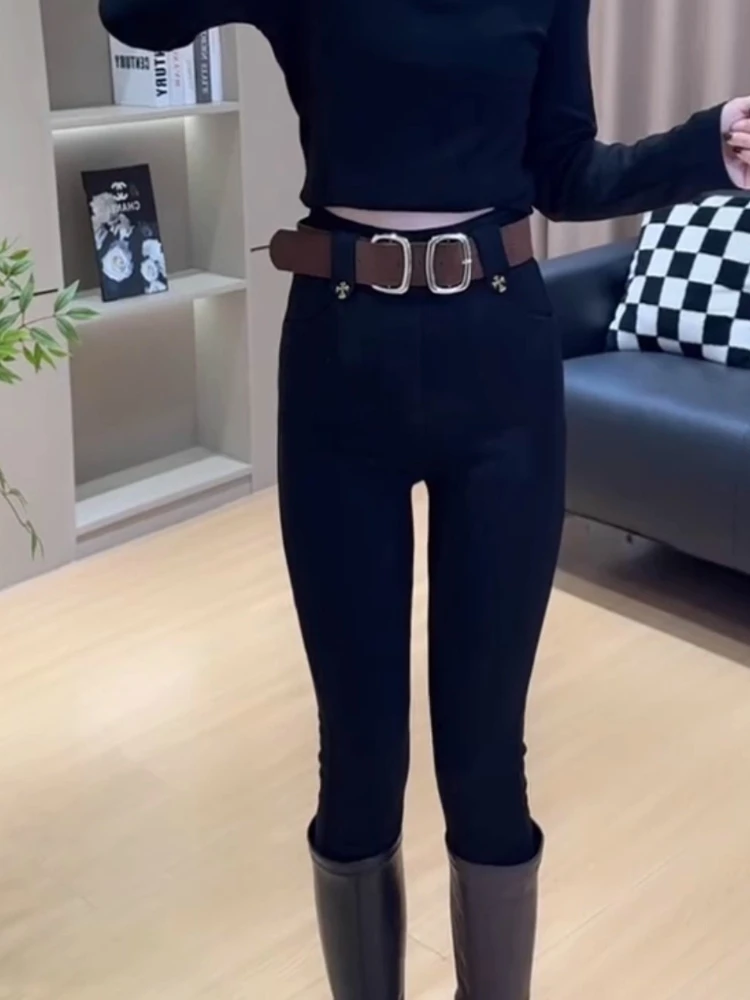 

Верхняя одежда, эластичные волшебные брюки, осенне-зимние новые бархатные утолщенные черные леггинсы, брюки, женские модные брюки-карандаш Y2k больших размеров