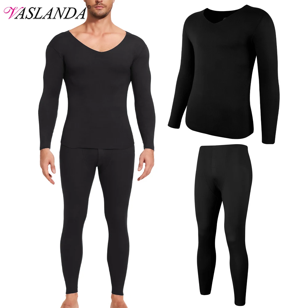 Long Johns Thermal Underwear for Men Skiing Winter Warm Double-sided Brushed Fabric Sexy V Neck Base Layer Set Top Bottom