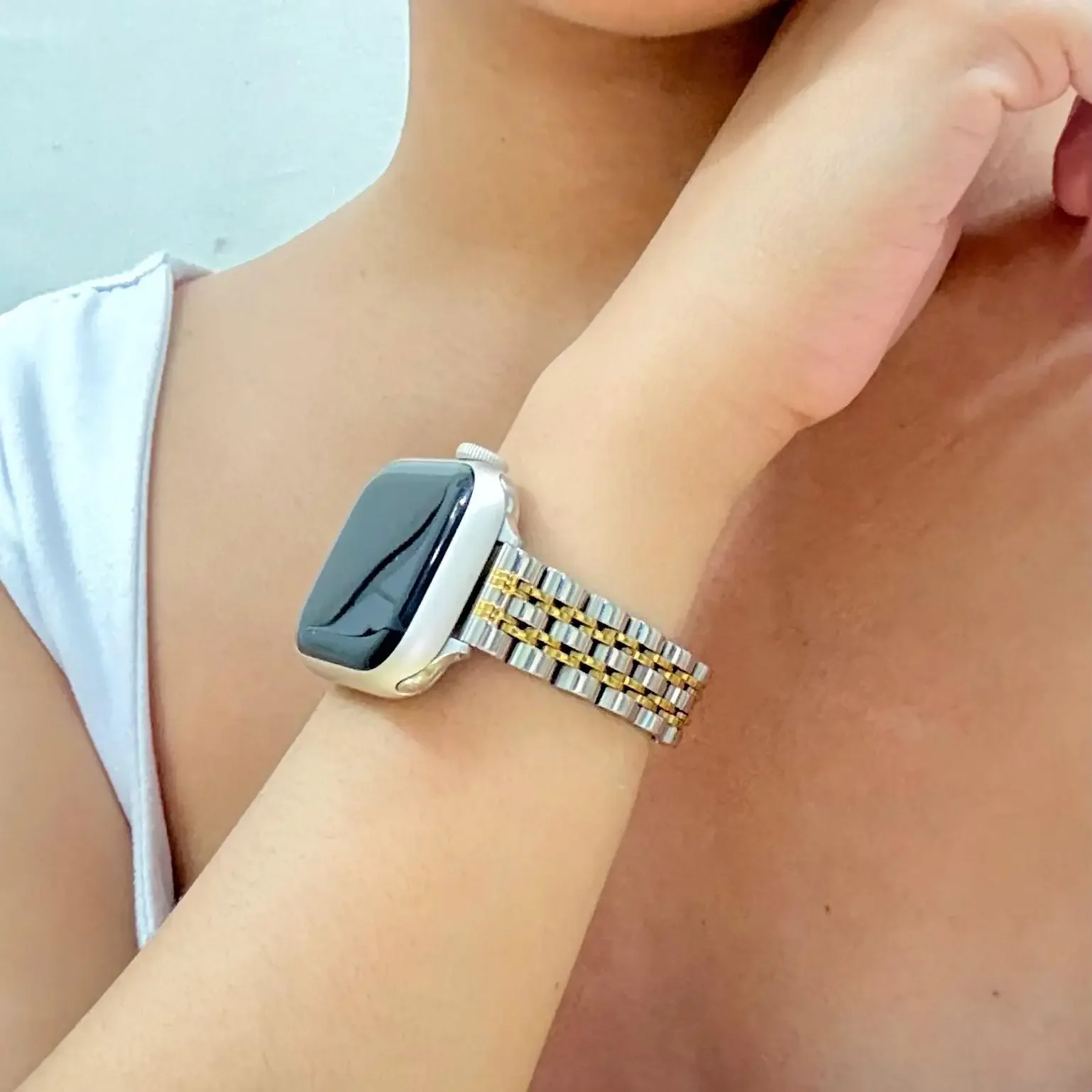 Schlankes Damen-Uhrenarmband aus Edelstahl und Metall für Apple Watch 38/40/41 mm, 42/44/45/46/49 mm, geeignet für iWatch-Serie SE987654321 – Detail 10