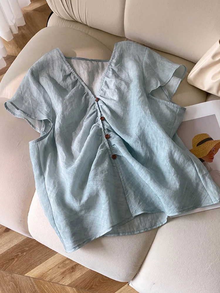

Linen irt Women's Summer Lightweight Cool Small Size Faionable Pleated V-ne ort Sve Top French Sle Loose Fit