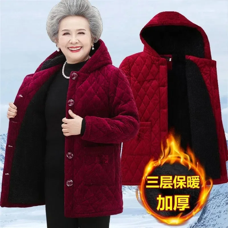 Hooded Corduroy Cotton Coat 2023 Elderly Women's Winter Clothing  Thicken Warm 50 60 70 Year Grandmother Cotton Overcoat Parka