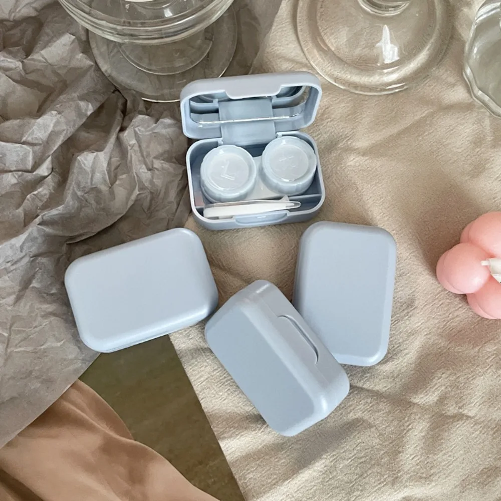 Macaron Color Contact Lens Case Kit Mini Square with Mirror Eye Care Storage Box Solid Color with Tweezers and Suction Stick