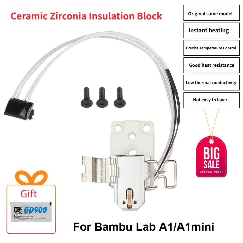 Upgrade For Bambu Lab A1/A1mini ceramic zirconia temperature measuring resistor hot end kit, fixed lock buckle, silicon base