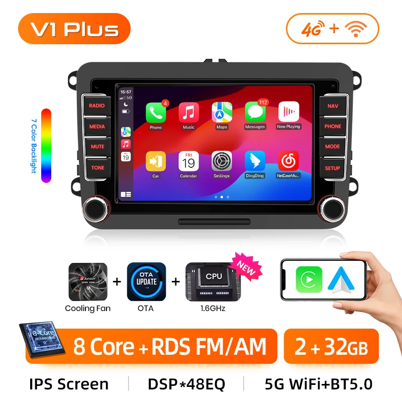Junsun 7 "Draadloze Carplay Android Auto Radio voor VW Passat B6 B7 T5 Tiguan Touran GOLF 6 POLO Stereo GPS Multimedia Speler