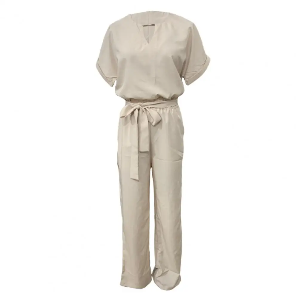 Bow Waist Jumpsuit Women Jumpsuit Elegant V-neck Lace-up Jumpsuit with Slim Waist Pleated Side Pockets for Ol Commute Chic Style