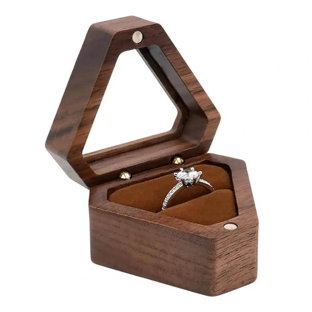 Elegant Wooden Wedding Ring Box Single Slot Triangle Shape Gift Box Velvet Finish Triangle Shape Box Jewelry Storage