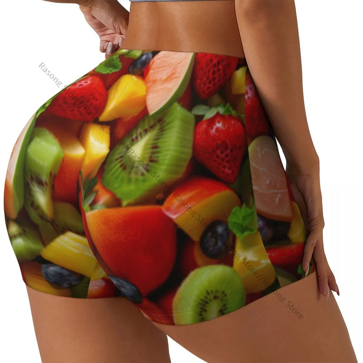 Women's Yoga Shorts Fresh Assorted Fruits Background Scrunch Booty Butt Lifting Comfort Fitness Gym