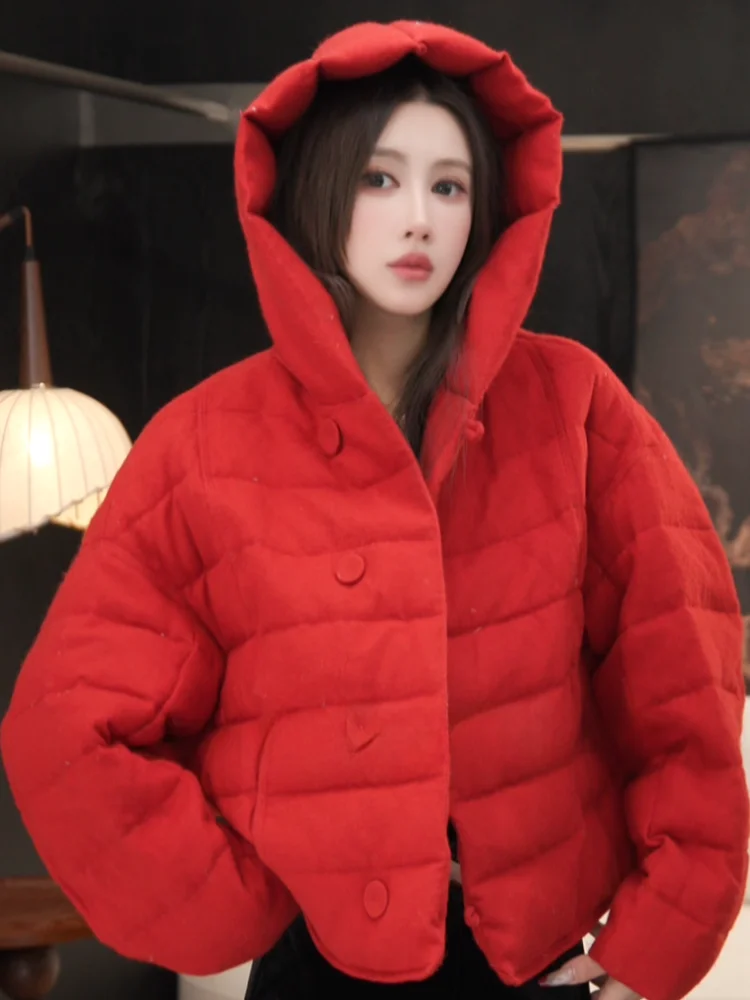 

Thiened Woolen Hooded Striped down Jaet Women's Warm Coat WT0 Regular Fit Long Sve Button Closure G.yantong