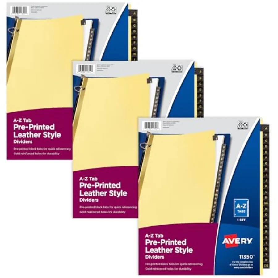 

A-Z Dividers for 3 Ring Binders, 25 Tabs per Set, Pre-Printed Black Leather Tabs, Great for Organizing Records, Reports, Financ