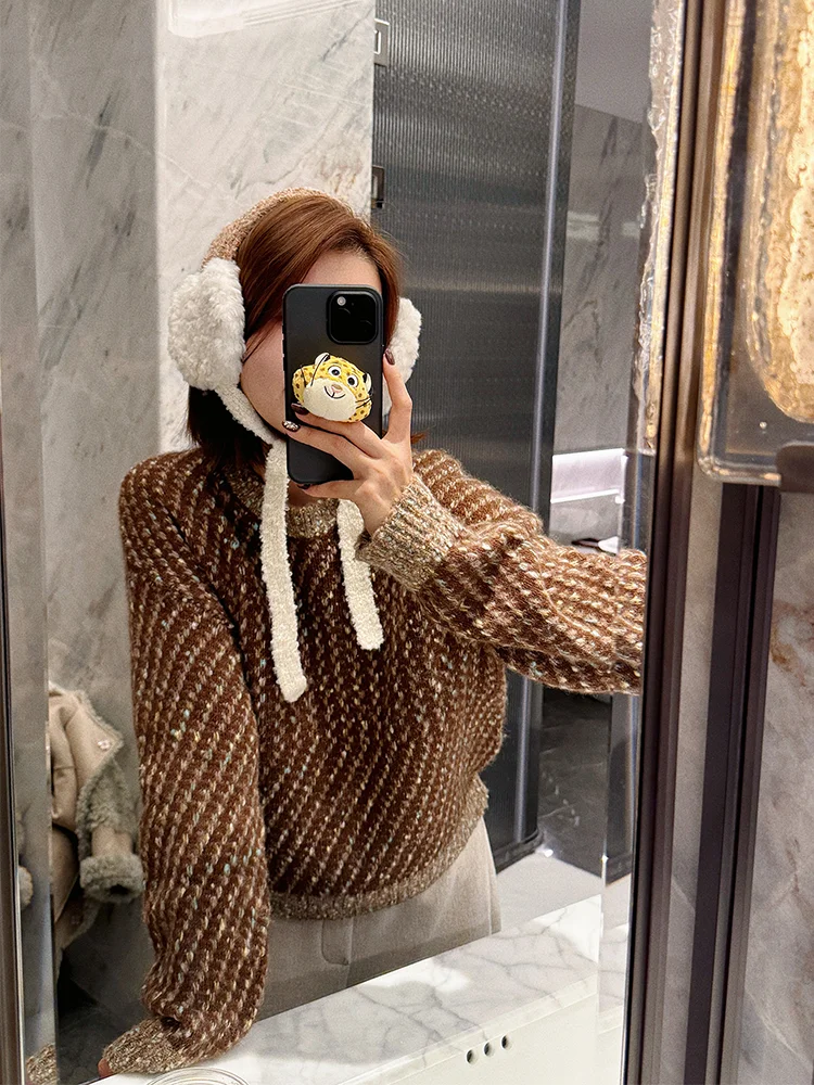 

Теплый свитер из шерстяной смеси с круглым вырезом, свободного кроя, женский трикотаж, разноцветный, с цветочным узором, в уличном стиле, с длинными рукавами, зимний.