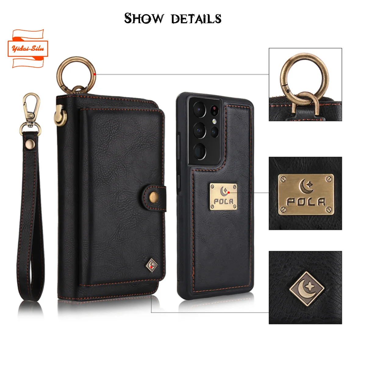 Yidai-Silu Leather Case Wallet Purse Wrist Strap Magnetic Zipper Flip Card Holder Finger Clip Cover for Samsung S23 22 21 Ultra