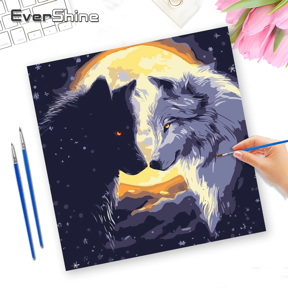 Evershine Malen nach Zahlen Set Wolf Kunst Tier Malerei Mondbild für Wohnzimmer Heimdekoration
