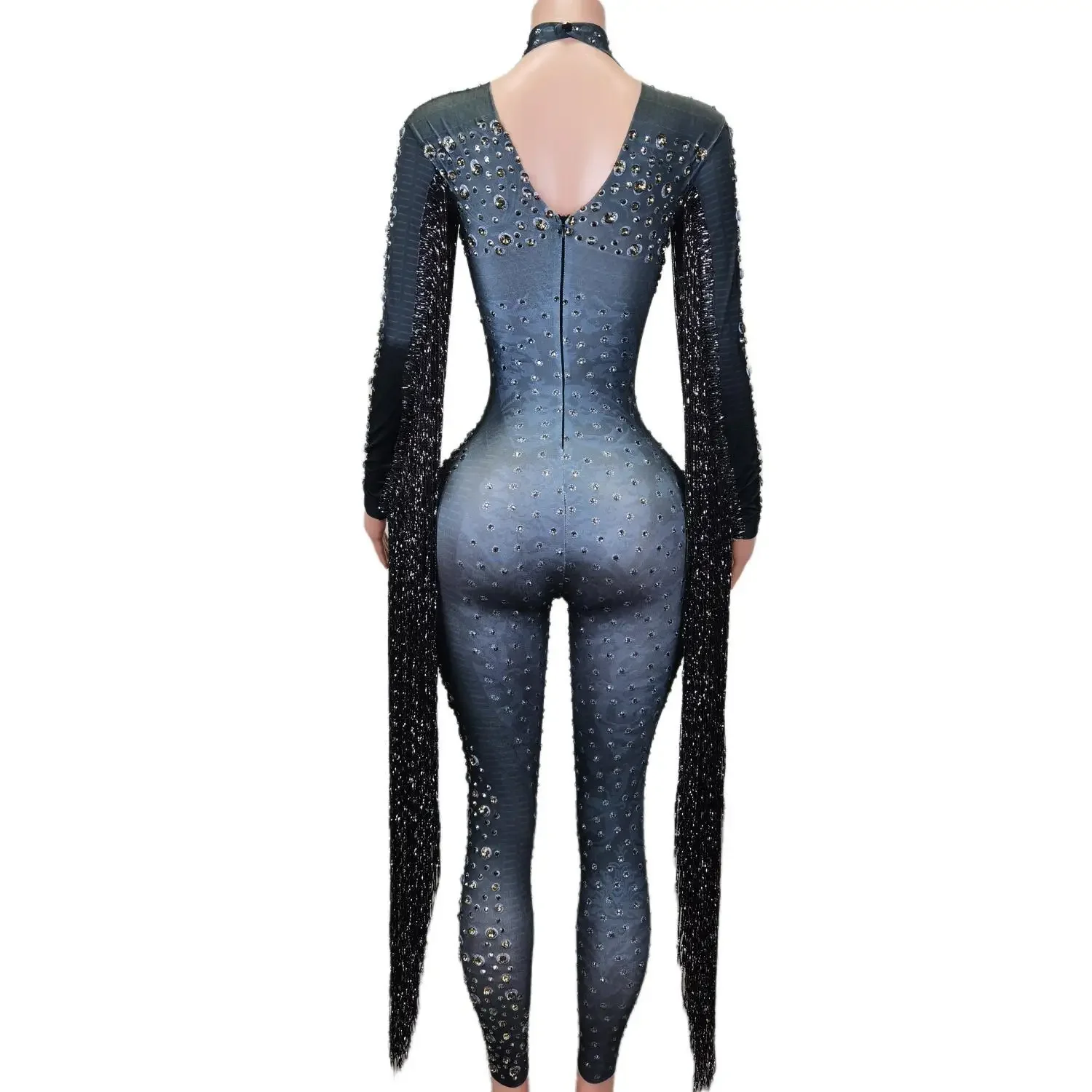 Sexy Diamond Tassel Carnival Party Gogo Singer Stage Dancer Costumes Long Sleeve Showgirl Romper Women Party Rhinestone Jumpsuit