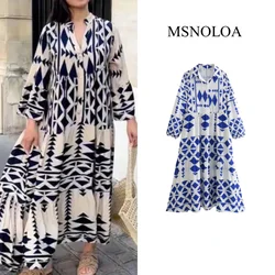 2024 autumn New Product Women's Fashion Casual Loose Long sleeved Printed Imitation Linen Flare Dress