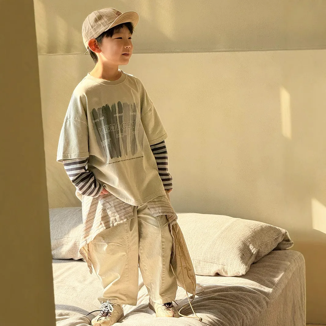 

Baby Boy Top Clothes Kids Long Sleeve Tee With Fake Two Pieces Boys Spring Autumn Casual Fashion Korea Sporty T-Shirt Size 2-11Y