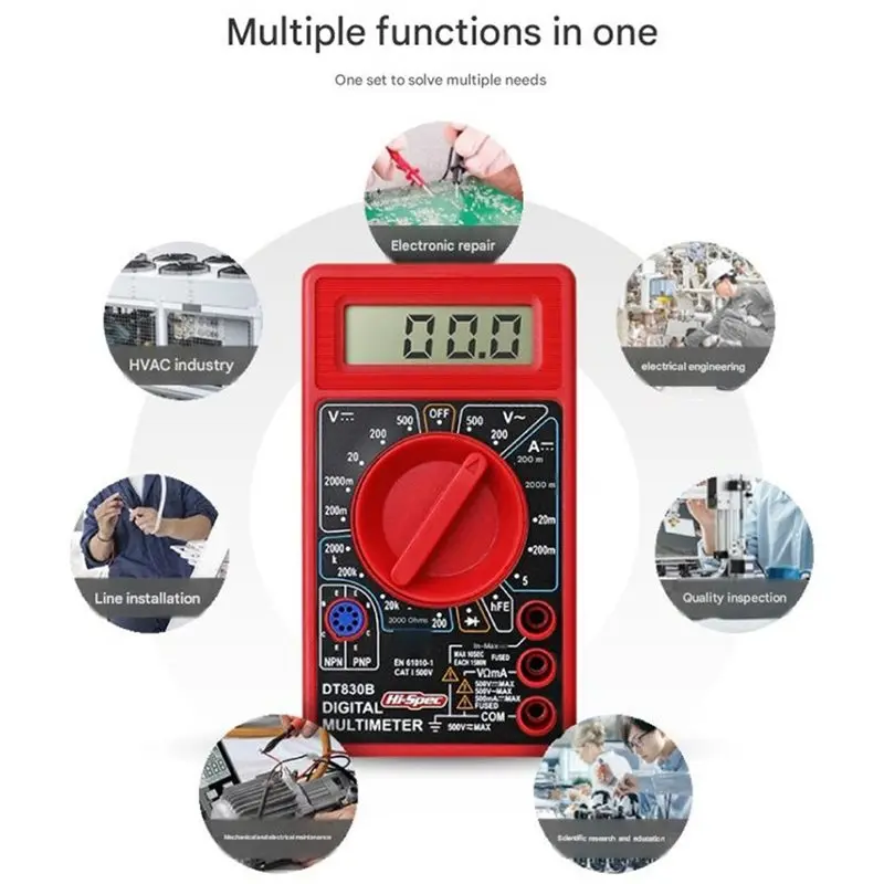 [NEW!A08R】 DT830B Mini Digital Multimeter DC AC Voltage Amperage Tester With LCD Display Overload Protection Red Test Probe