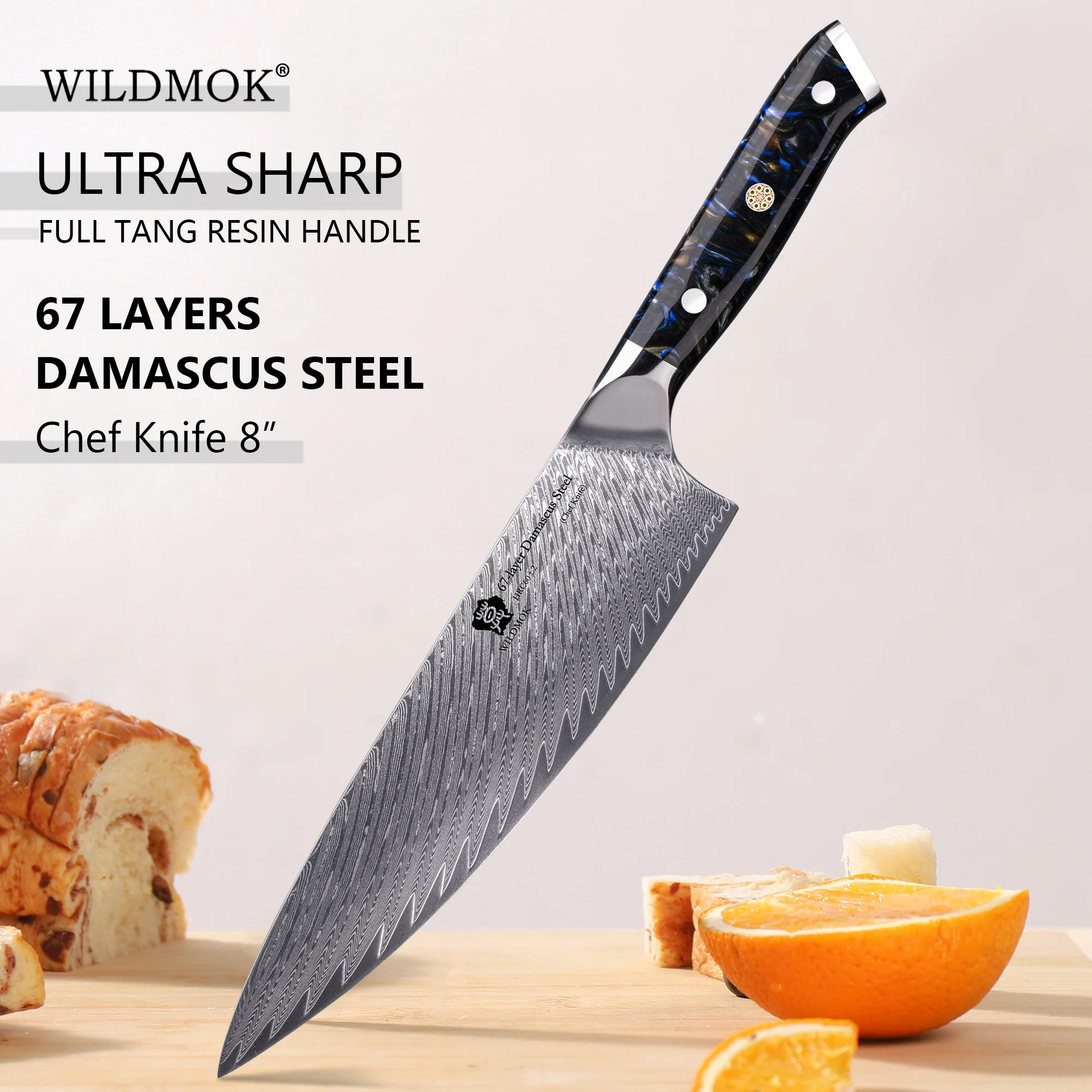 WILDMOK 8 Inch Cooking Chef Knife, 67 Layers Damascus VG10 Steel Balanced Exquisite Art Resin Handle Household Cutlery