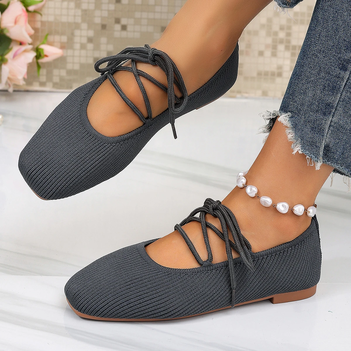Französische flache Schuhe 2026 Sommer Neu Runde Zehenpartie Atmungsaktive Leichte Ballett-Strick-Freizeitschuhe Bequeme Damenschuhe – Detail 7
