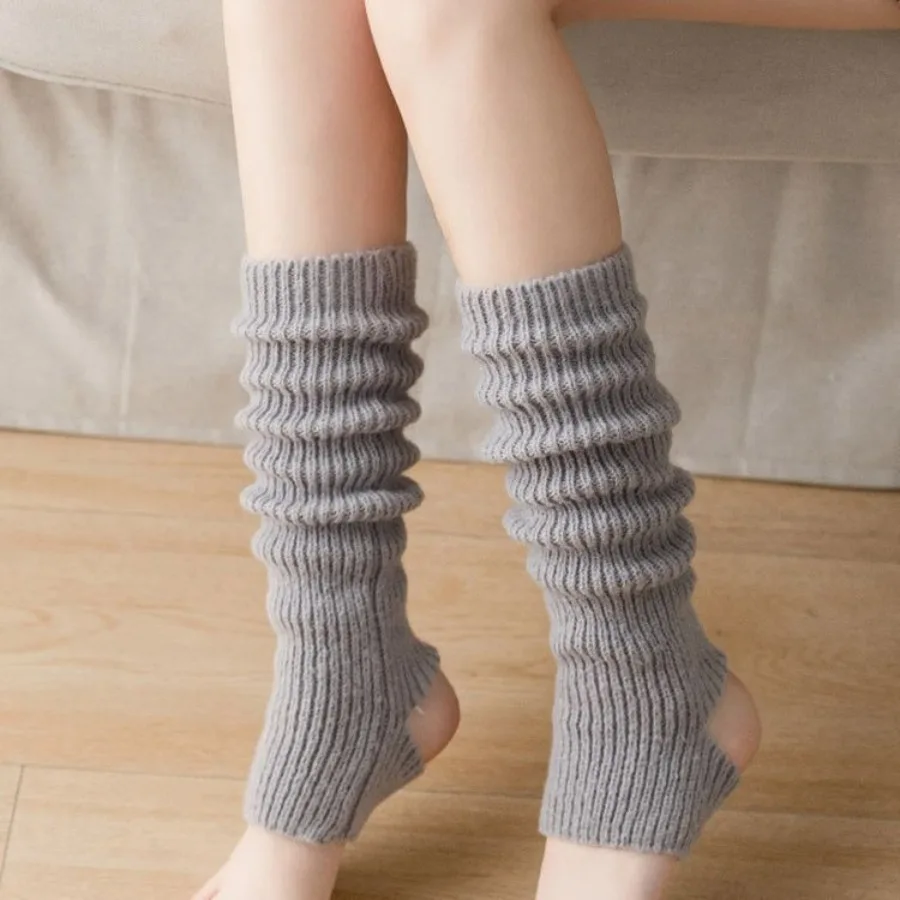 2 pairs of women's cuffed knit calf socks, solid color, thickened for autumn and winter