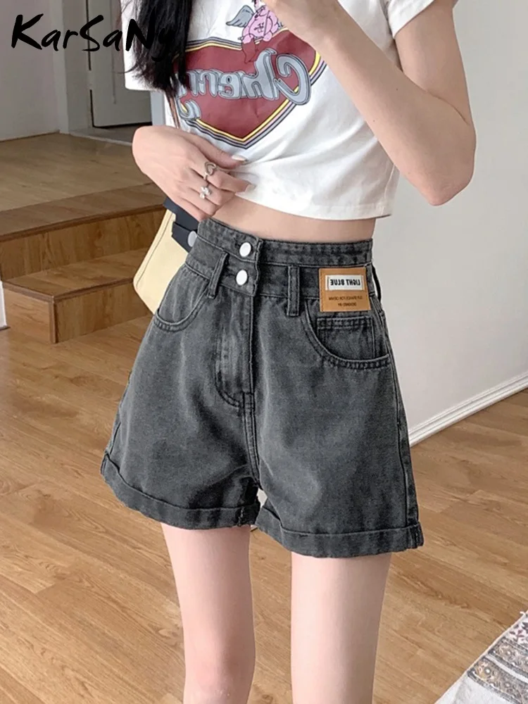 KarSaNy Women High Waisted Denim Shorts Black A Line Short Jeans Summer 2023 INS Fashion Blue Button Denim Shorts For Woman